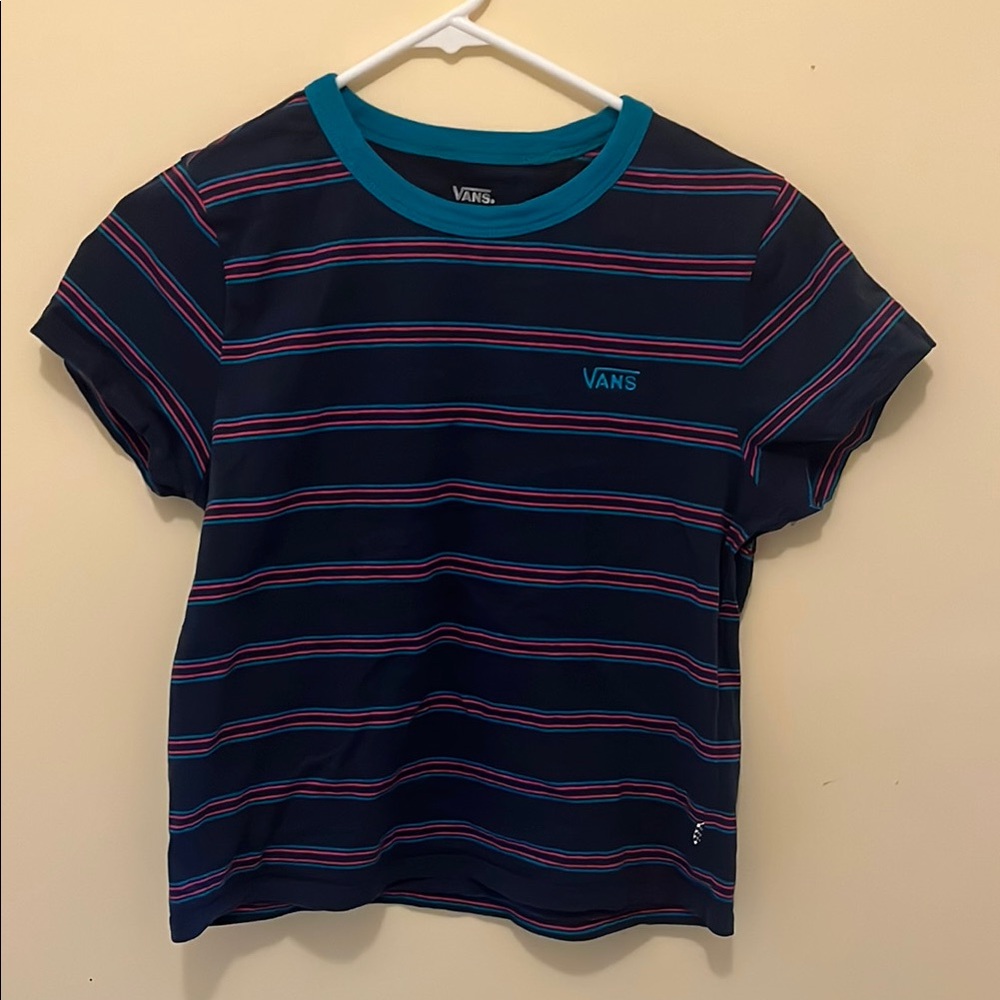 Vans Blue Striped Short Sleeve Tee, cropped, size Large